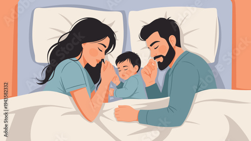Happy family consisting of a mother, father, and their baby sleeping peacefully together in a large comfortable bed at home.