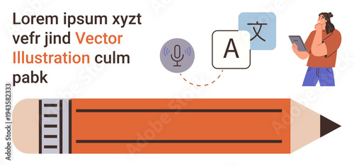 Language tools, communication, education, language learning, linguistics, content creation. Graphic of text, translation icons microphone pencil and a woman with a tablet. Language tools