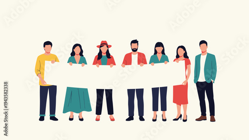 Diverse group of people standing together in a row while holding a long blank white banner for a protest or collective message.