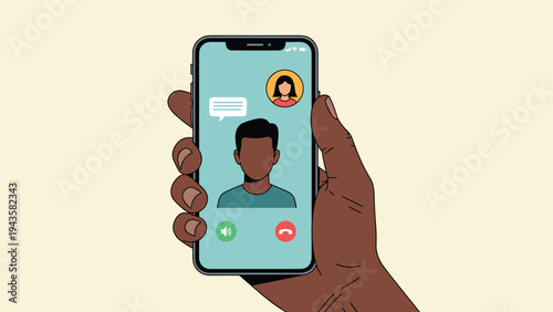 Human hand holding a modern smartphone during a video call featuring a male contact on the screen with a message icon on top left.