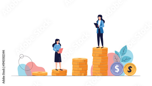 Businesswomen standing on stacks of gold coins representing the concept of financial growth and the gender pay gap in business.