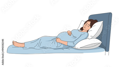 Pregnant woman resting comfortably on her back in bed while gently touching her belly during a peaceful afternoon at her home.