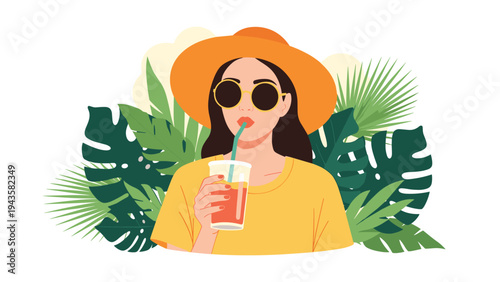 Stylish woman wearing a sun hat and sunglasses sipping a tropical fruit cocktail through a straw among vibrant palm leaves.