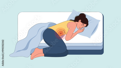 Woman lying in bed on her side while experiencing intense abdominal pain or menstrual cramps indicated by a warm glowing effect.