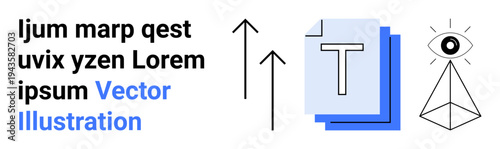 Branding, creativity, design thinking, visual communication, modern culture, innovation. Abstract graphic text, arrows an eye symbol and pyramid shapes. Branding and creativity concept