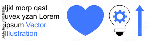 Innovation, growth, technology, business strategy, teamwork, creative solutions. Blue heart, light bulb with gear upward arrow on white background. Innovation and growth concepts