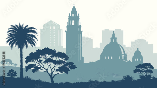 Misty Morning Silhouette of Historic Spanish Architecture and Palm Trees Against Urban Skyline Backdrop san diego skyline