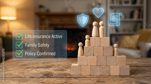 Family figures on wooden block pyramid with insurance icons and checklist on table in living room