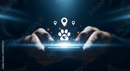 A futuristic digital interface with a paw print and location icons illuminated on a smartphone screen