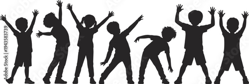 WebFlat vector illustration of playful children silhouettes, standing and dancing poses, joyful motion design, abstract human figures, stylish stock artwork