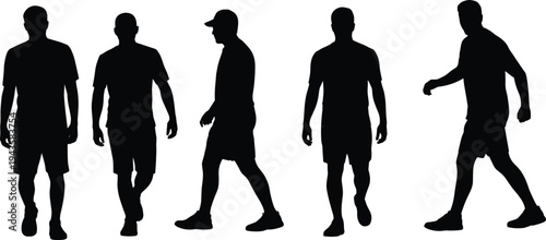 WebFlat vector illustration of walking male silhouettes, casual fashion poses, modern minimal design, abstract human motion, stylish stock artwork
