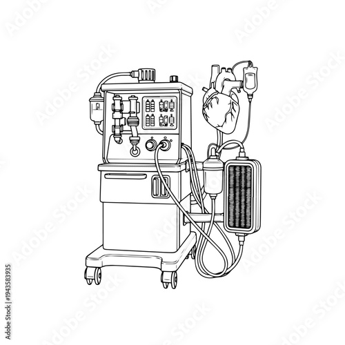 Heart Lung Machine Black and White Vector Icon – Cardiopulmonary Bypass Medical Equipment Line Art