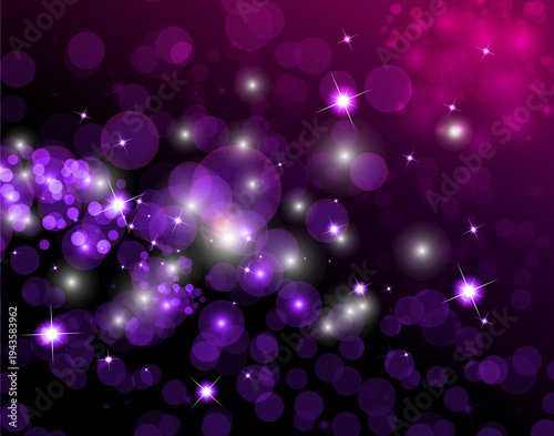A vibrant vector illustration set against a deep purple-to-black gradient background, features a dazzling blend of blurry violet and white bokeh lights, create a dynamic, swirling flow