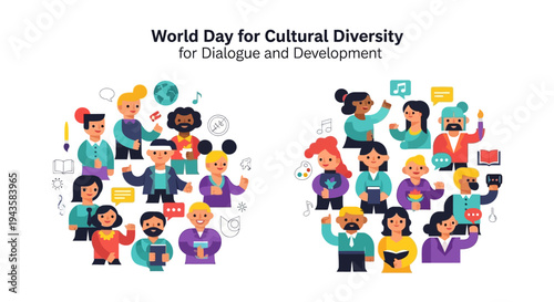 Vibrant flat illustration depicting a diverse global community promoting cultural understanding, dialogue, and international development for a harmonious world