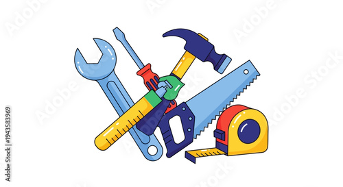 A vibrant illustration of a complete set of essential hand tools, perfect for various home improvement, repair, and construction projects