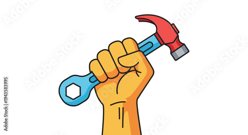 Determined hand holding a sturdy hammer and wrench, symbolizing skilled labor, efficient repair, and industrial strength