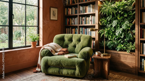 Cozy Home Library Reading Nook With Green Velvet Armchair Bookshelves And Built In Plant Wall
