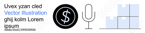 Business finance, logistics, communication tools, e-commerce, warehousing, content creation. Visual shows a dollar icon, a microphone and stacked warehouse boxes. Finance and logistics concept
