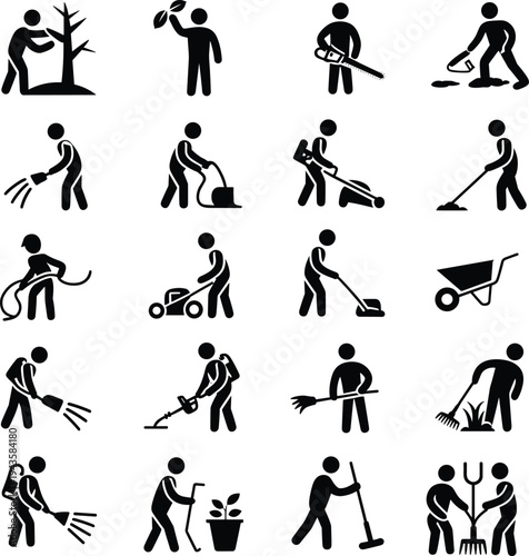 Gardening people silhouette icons set, planting watering digging mowing activities, garden maintenance work symbols collection, cad drawing flat vector illustration