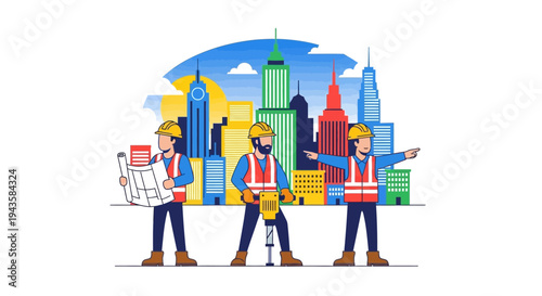 Construction workers in a city with skyscrapers, blue sky, and clouds, vector art