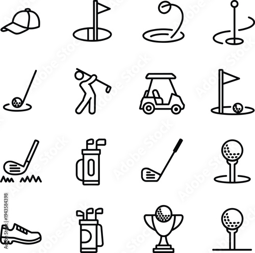 Golf line icons set, club ball flag cart equipment symbols collection, sports recreation elements pack, cad drawing flat vector illustration