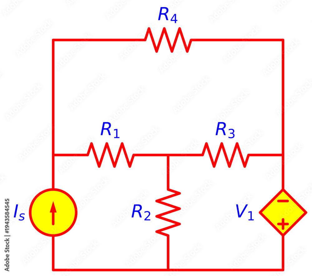 Obraz premium Resistor Network Circuit with Independent Current Source and Dependent Voltage Source, Electrical Engineering Schematic Diagram for Circuit Analysis and Electronics Education