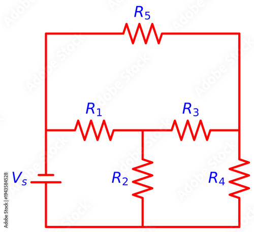 Resistor Network Circuit with Voltage Source and Multiple Resistors, Electrical Engineering Schematic Diagram for Circuit Analysis, Electronics and Physics Education