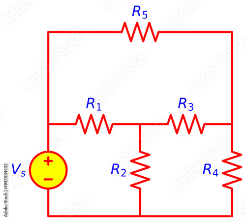 Resistor Network Circuit with Voltage Source and Multiple Resistors, Electrical Engineering Schematic Diagram for Circuit Analysis, Electronics and Physics Education Illustration