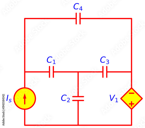 Capacitor Network Circuit with Independent Current Source and Dependent Voltage Source, Electrical Engineering Schematic for Capacitance Analysis and Electronics Education