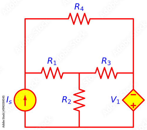 Resistor Network Circuit with Independent Current Source and Dependent Voltage Source, Electrical Engineering Schematic Diagram for Circuit Analysis and Electronics Education