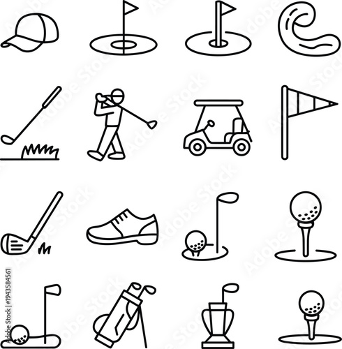 Golf line icons set, club ball flag cart equipment symbols collection, sports recreation outline elements pack, cad drawing flat vector illustration