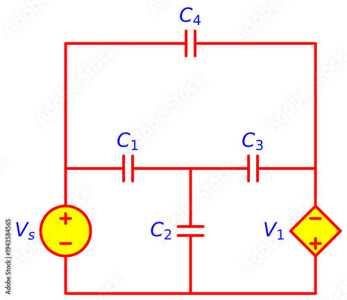 Capacitor Network Circuit with Independent and Dependent Voltage Sources, Electrical Engineering Schematic Showing Multiple Capacitors for Capacitance Analysis and Electronics Education