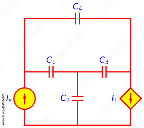Capacitor Network Circuit with Independent and Dependent Current Sources, Electrical Engineering Schematic Showing Multiple Capacitors for Capacitance Analysis and Electronics Education
