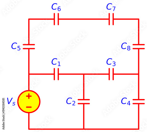 Complex Capacitor Network Circuit with Voltage Source and Multiple Capacitors, Electrical Engineering Schematic Diagram for Capacitance Analysis and Electronics Education