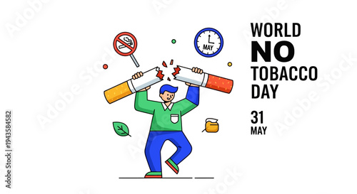 Colorful illustration of a person breaking a cigarette, representing the resolve to quit smoking and promoting a healthy, tobacco-free future