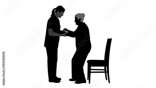 Professional caregiver providing gentle assistance to an elderly person with mobility support in a healthcare setting