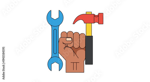 Vector graphic of blue wrench, red hammer, and powerful fist, symbolizing essential tools, skilled labor, repair, and human strength in industry