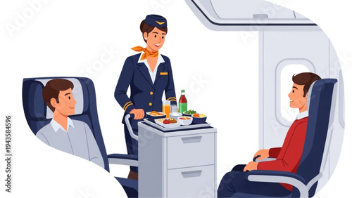 Friendly flight attendant providing excellent in-flight service and refreshment to passengers during their comfortable airplane journey