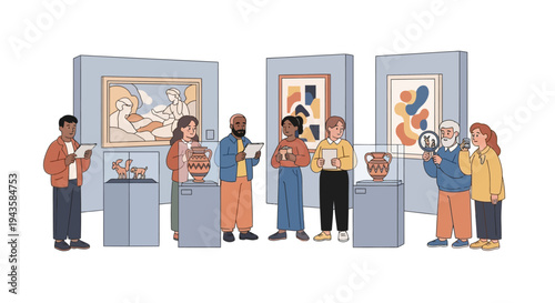 People exploring artworks and artifacts at a museum exhibition