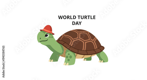 Cute cartoon turtle in a festive red hat, a delightful illustration for World Turtle Day, celebrating conservation and environmental awareness