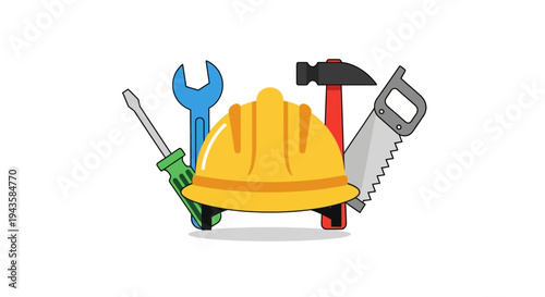 Essential Tools for Construction and DIY Projects Hard Hat, Wrench, Hammer, and Saw Representing Work Safety and Repair