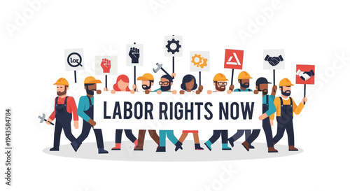 Empowered Workers Rallying for Crucial Labor Rights, Displaying a Bold 'Labor Rights Now' Sign of Unity