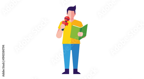 Vibrant vector illustration of a male presenter holding a microphone and book, perfect for communication, news, and media content