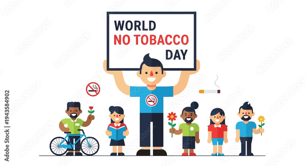 Fototapeta premium World No Tobacco Day celebration with diverse people holding signs and flowers promoting a smoke-free environment and healthy lifestyle