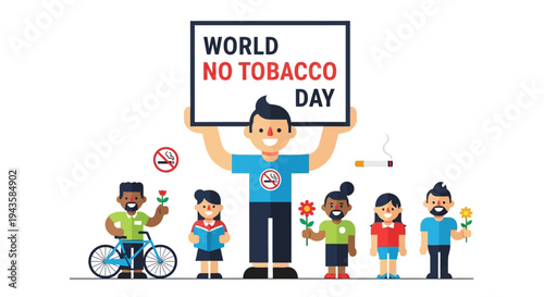 World No Tobacco Day celebration with diverse people holding signs and flowers promoting a smoke-free environment and healthy lifestyle