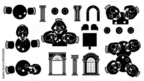 Conceptual Overhead View Vector Graphics Architectural Components, Seating, and People for Planning