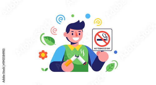 Illustration of a man quitting smoking, holding a no smoking sign and a broken cigarette, surrounded by leaves and nature elements