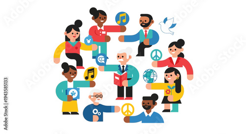 Cheerful cartoon bee flying amidst colorful spring flowers and green leaves, a delightful illustration for children's designs and nature themes