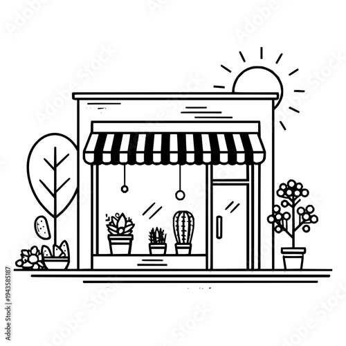 Illustration of a flower shop with plants, cacti, a striped awning, and a sun in a simple line art style