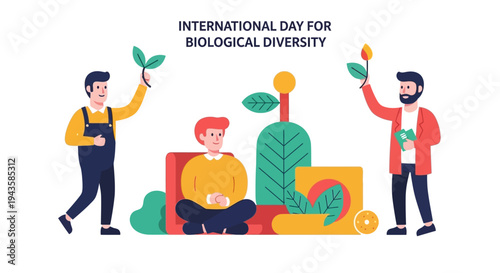 Celebrating International Day for Biological Diversity with people and plants illustration